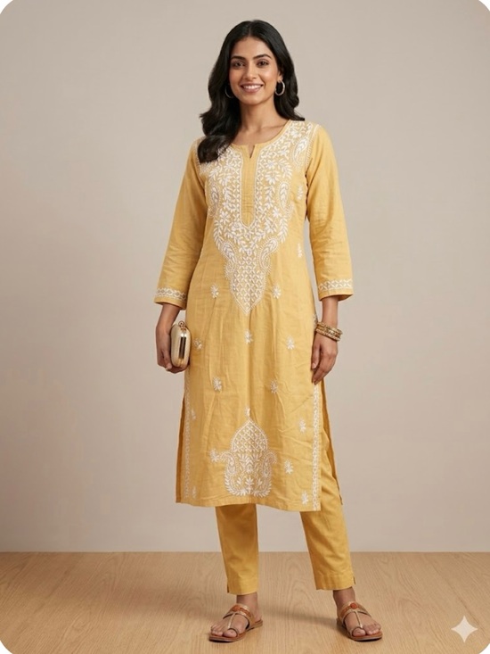 Tops - Mustard Yellow Embroidered Women's Kurta Set